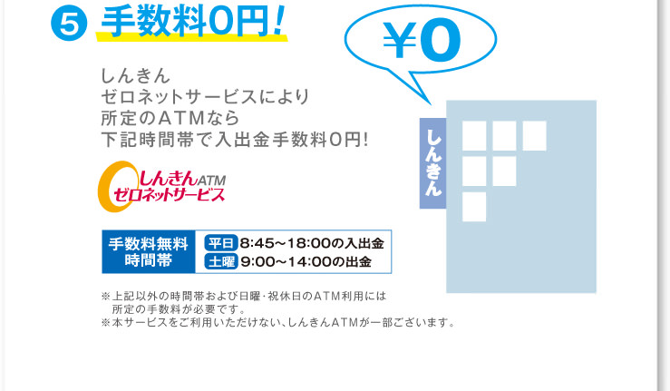 5手数料0円!しんきんゼロネットサービスにより所定のATMなら下記時間帯で入出金手数料0円！